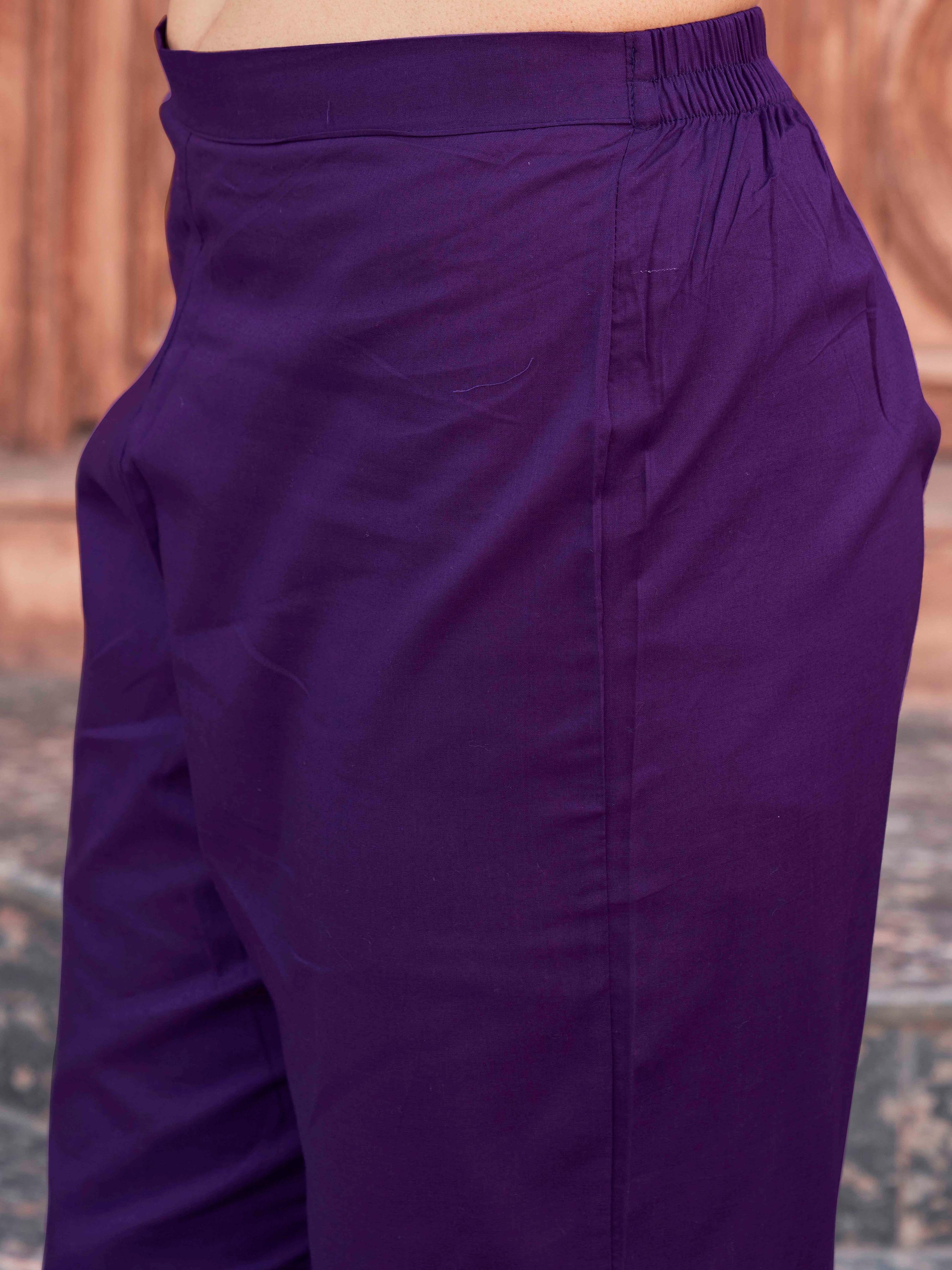 Violet Cotton With All Over Thread Work Kurta Set